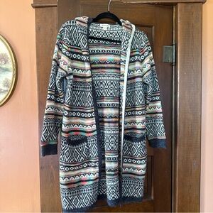 Monteau Black and White Geometric Hooded Cardigan with Multicolor Stripes
